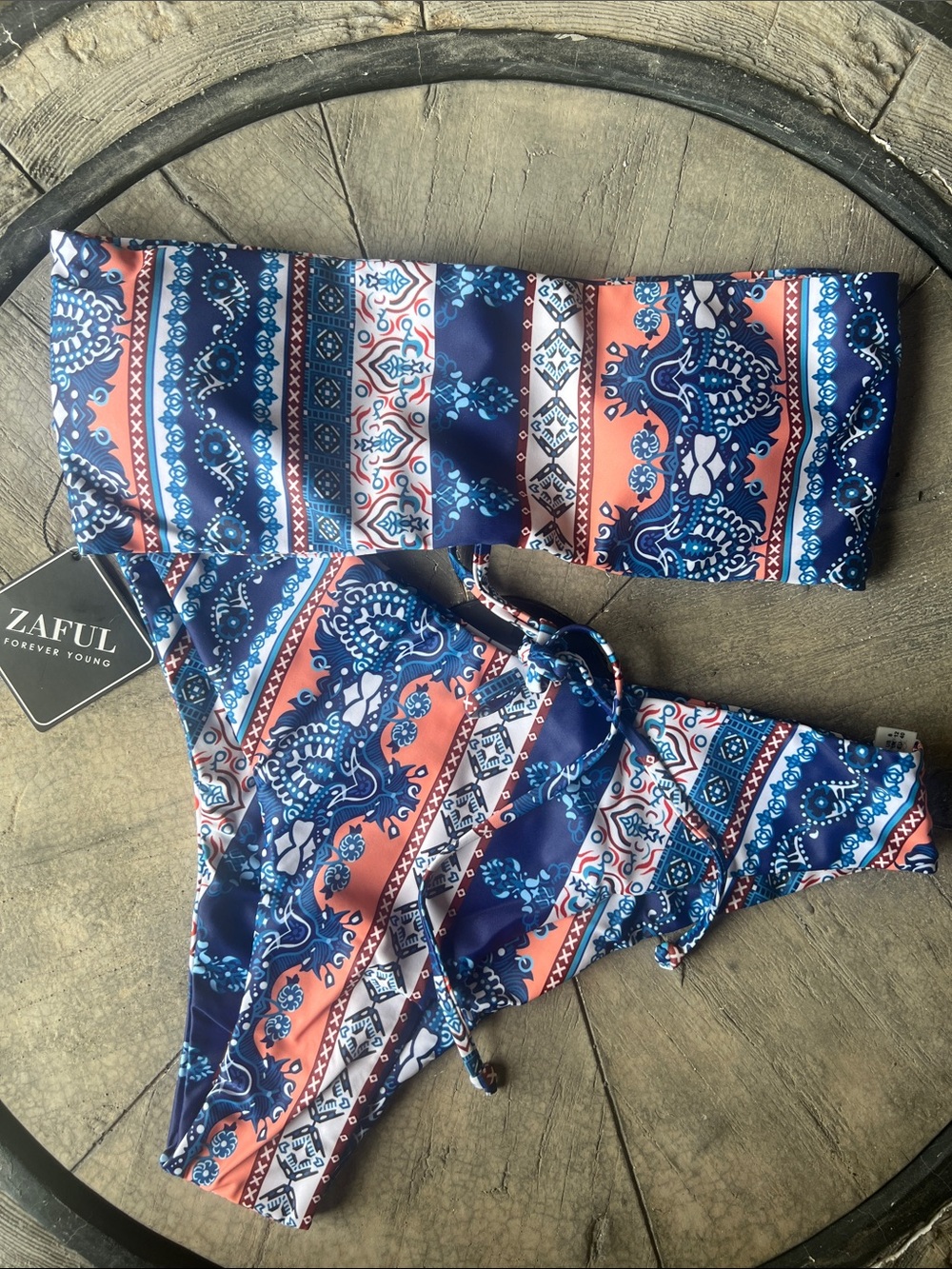 Zaful Blue and Orange Patterned Bandeau Bikini Set Size 8.   B2